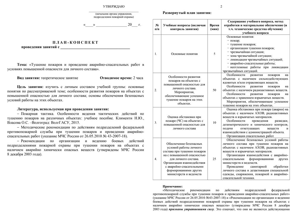 План-конспект: Тушение пожаров и проведение аварийно-спасательных работ в условиях повышенной опасности для личного состава (20 стр.)