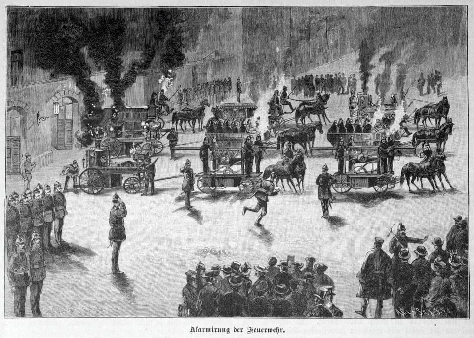 Немецкая гравюра "Пожарная тревога", 1888 год