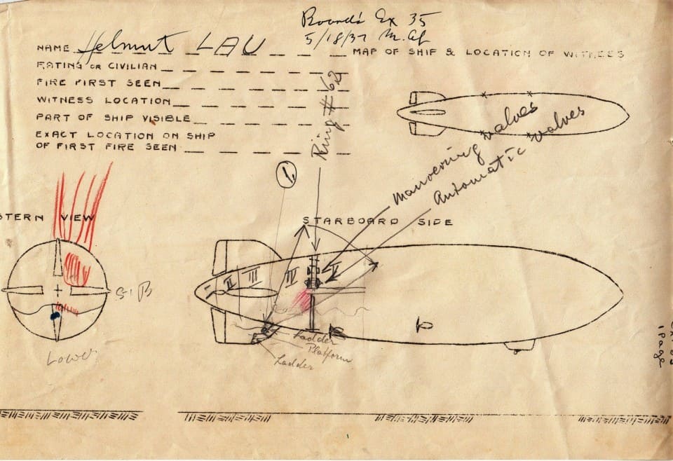 Диаграмма с показаниями Хельмута Лау. Обозначено место взрыва