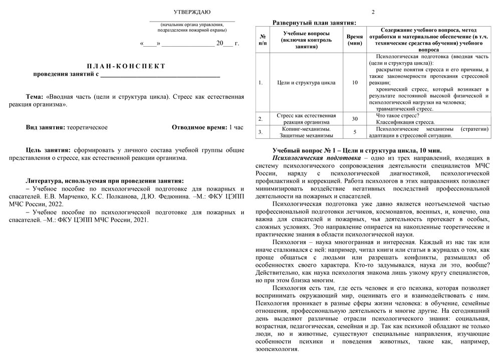 План-конспект: Вводная часть (цели и структура цикла). Стресс как естественная реакция организма (13 стр.)